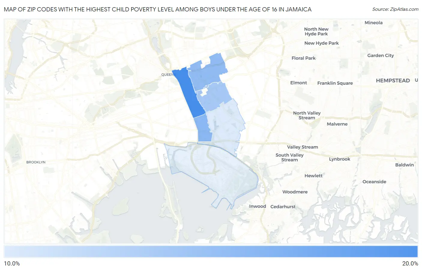 Zip Codes with the Highest Child Poverty Level Among Boys Under the Age of 16 in Jamaica Map