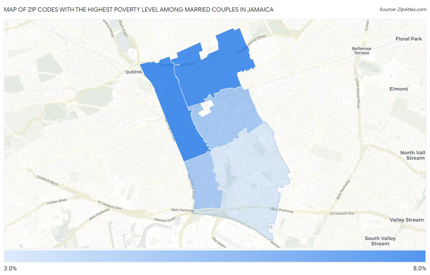 Zip Codes with the Highest Poverty Level Among Married Couples in Jamaica Map