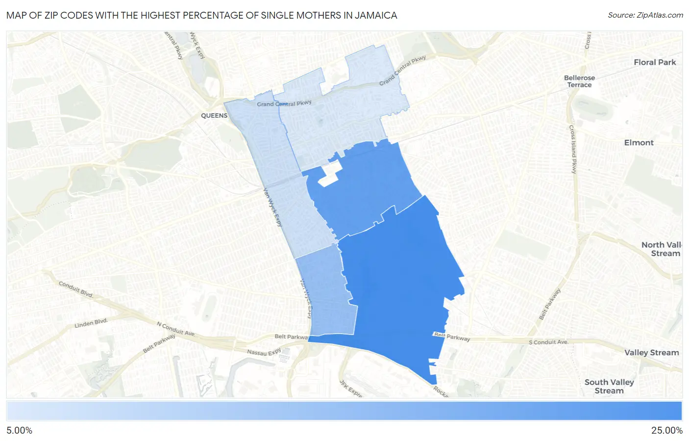 Zip Codes with the Highest Percentage of Single Mothers in Jamaica Map