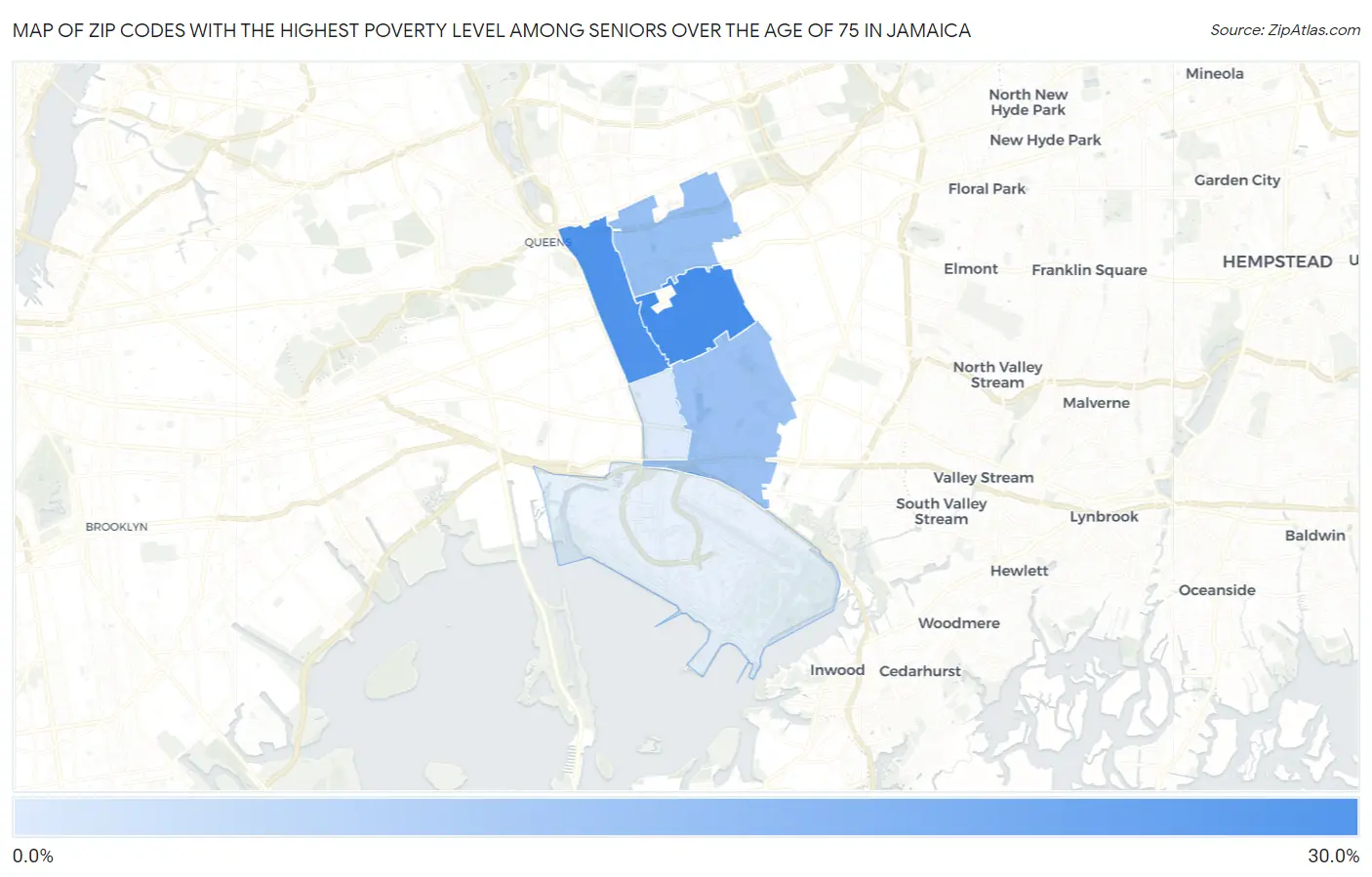 Zip Codes with the Highest Poverty Level Among Seniors Over the Age of 75 in Jamaica Map