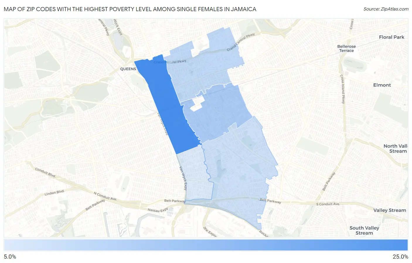 Zip Codes with the Highest Poverty Level Among Single Females in Jamaica Map