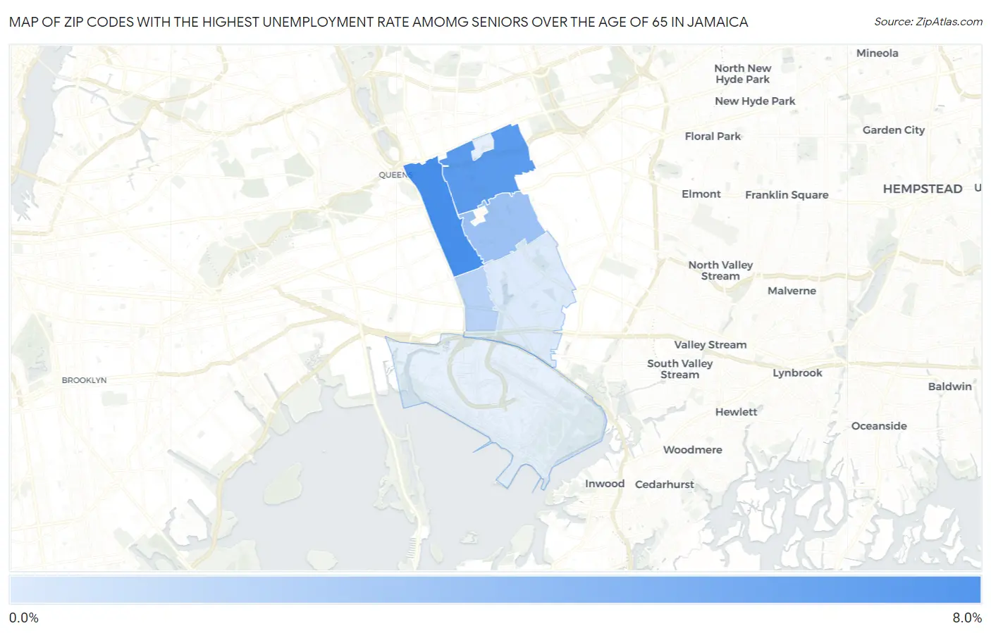 Zip Codes with the Highest Unemployment Rate Amomg Seniors Over the Age of 65 in Jamaica Map