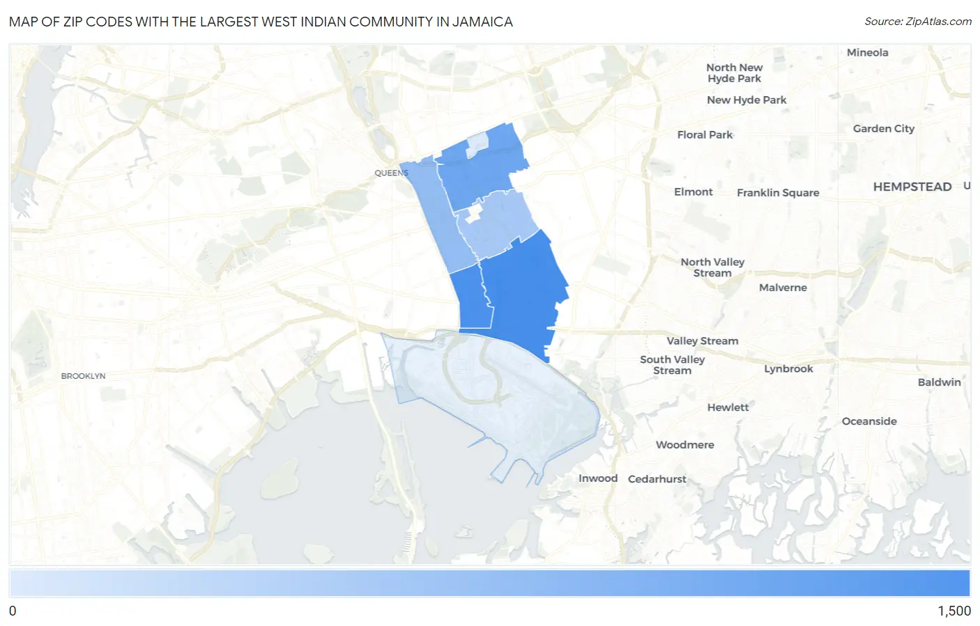 Zip Codes with the Largest West Indian Community in Jamaica Map