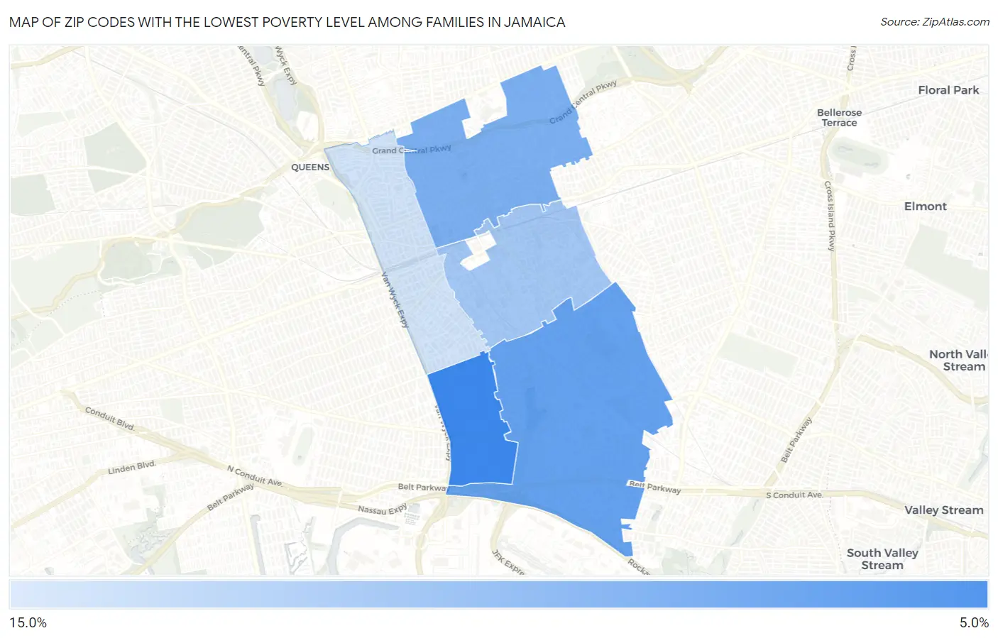 Zip Codes with the Lowest Poverty Level Among Families in Jamaica Map