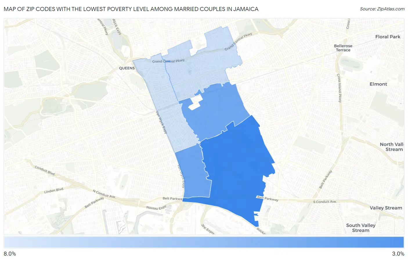 Zip Codes with the Lowest Poverty Level Among Married Couples in Jamaica Map
