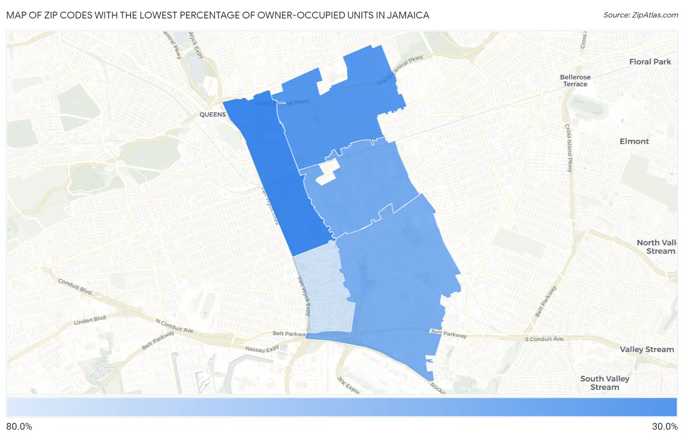 Zip Codes with the Lowest Percentage of Owner-Occupied Units in Jamaica Map