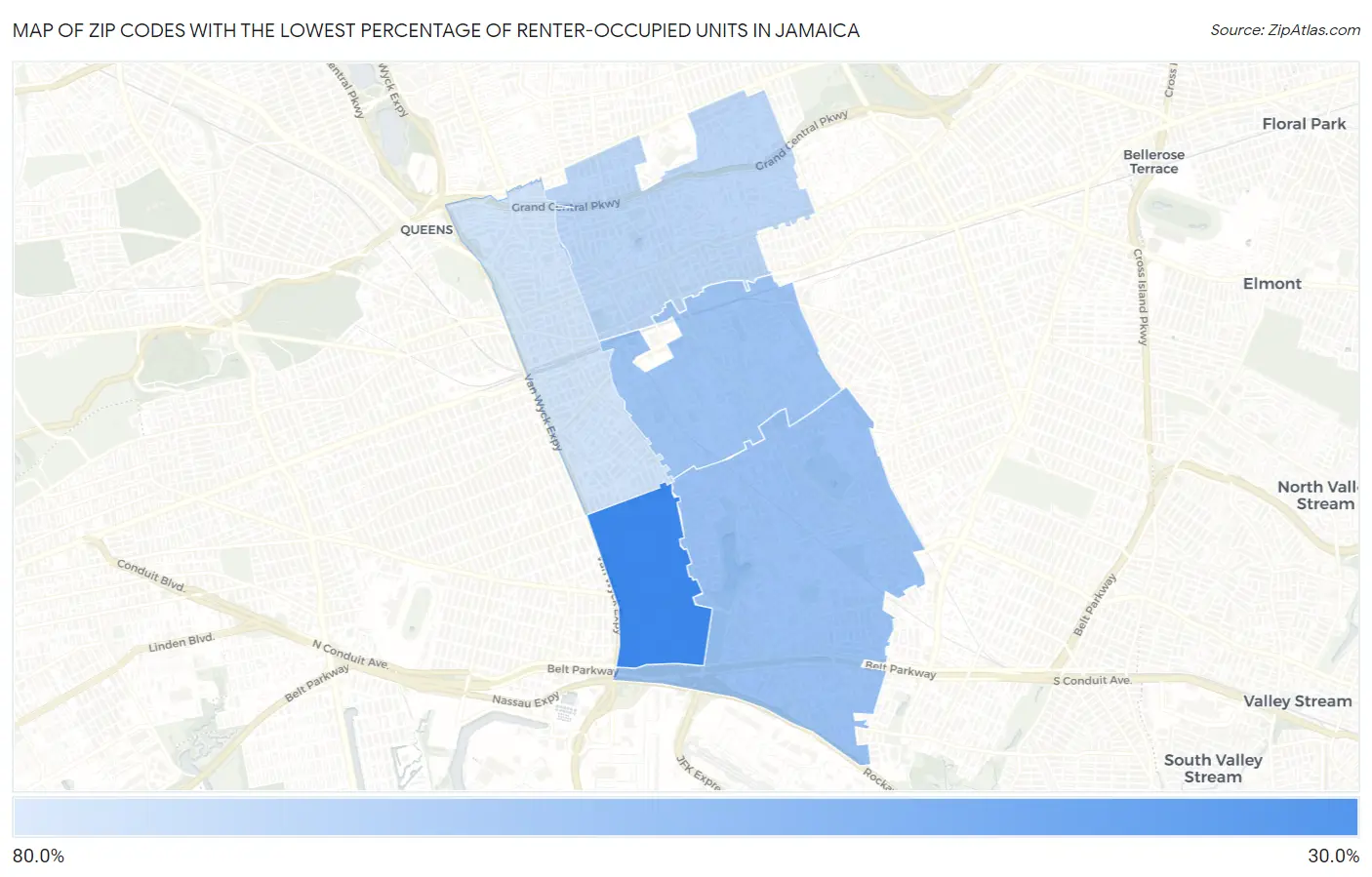Zip Codes with the Lowest Percentage of Renter-Occupied Units in Jamaica Map