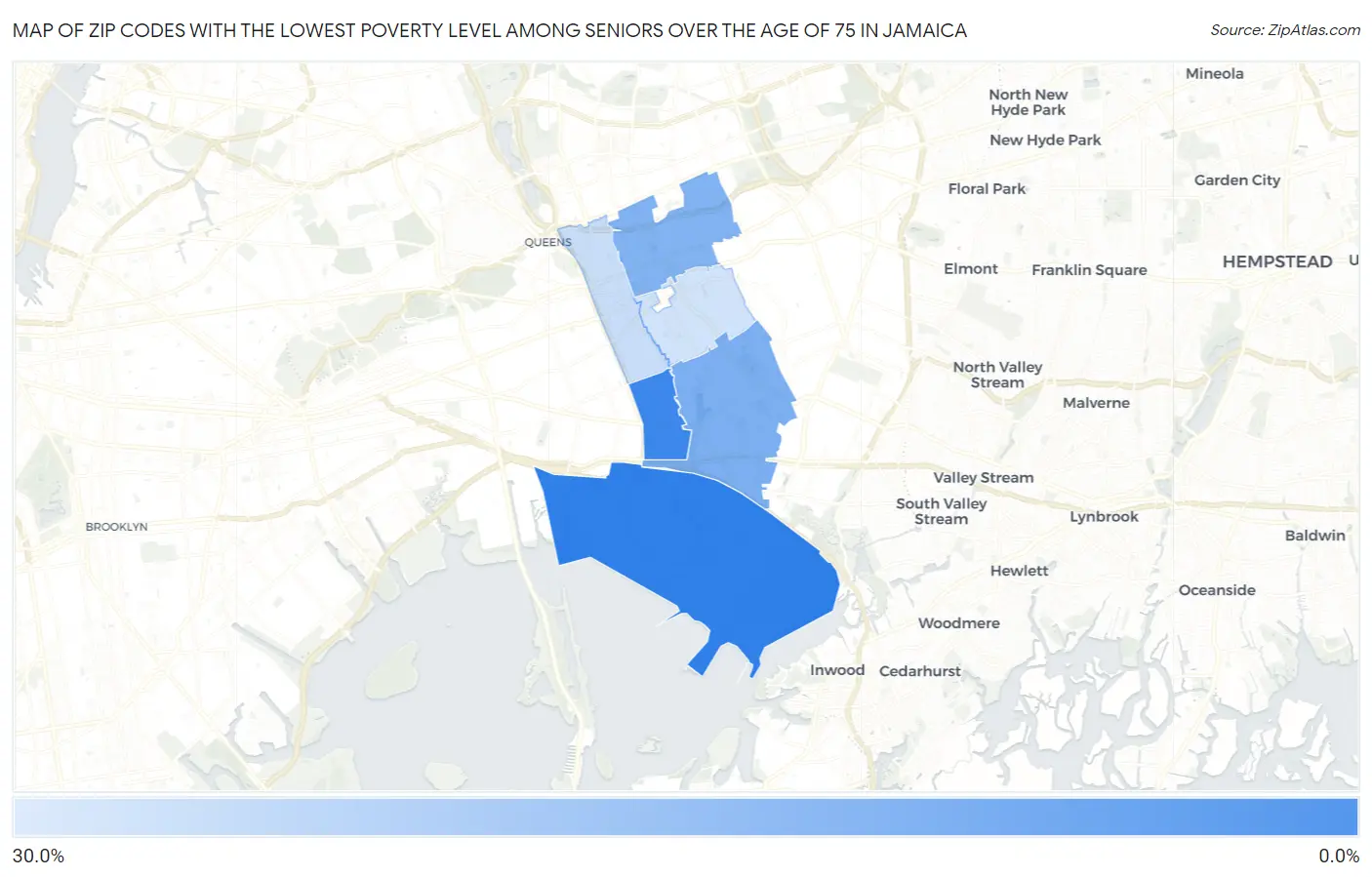 Zip Codes with the Lowest Poverty Level Among Seniors Over the Age of 75 in Jamaica Map