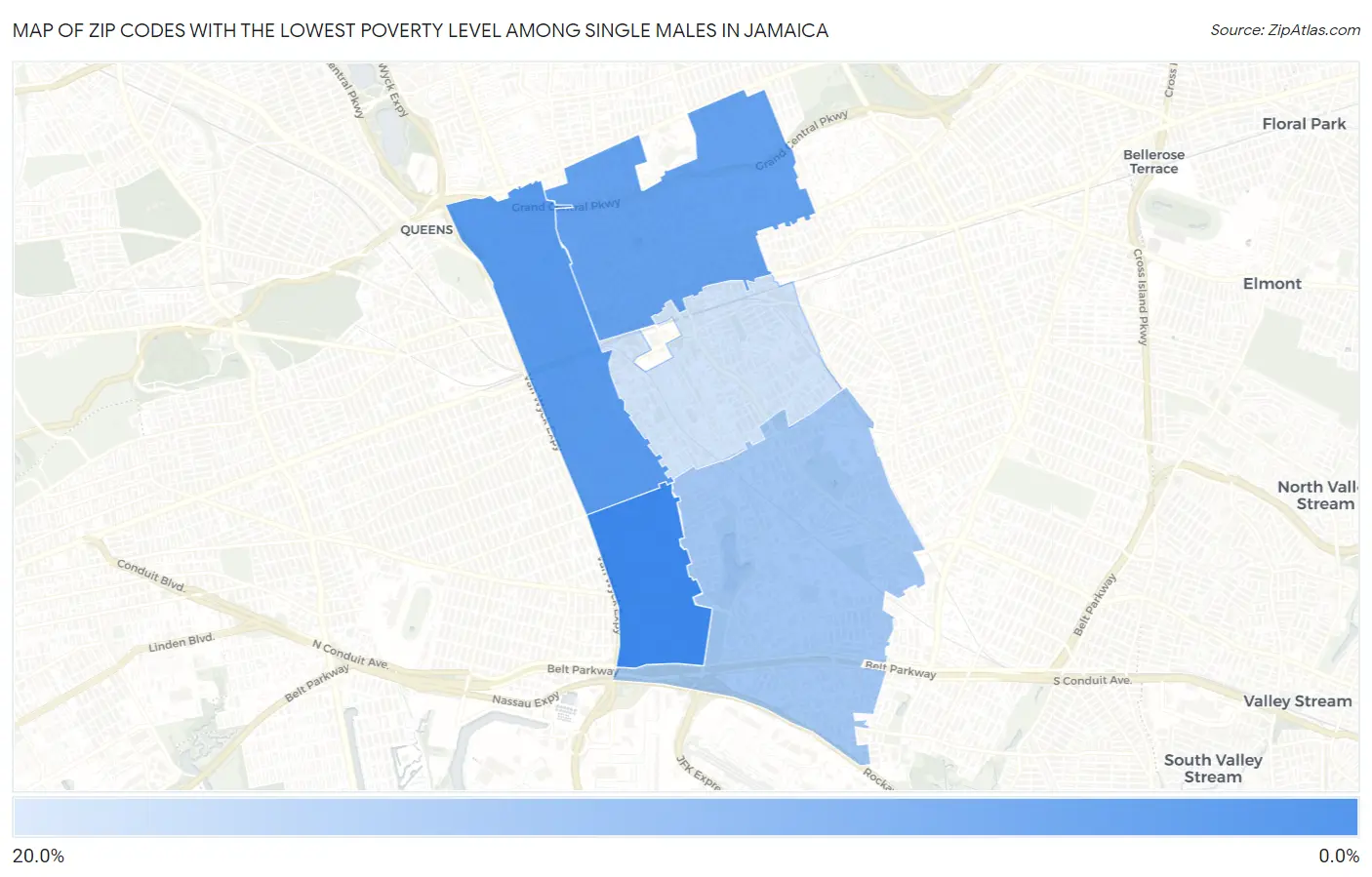 Zip Codes with the Lowest Poverty Level Among Single Males in Jamaica Map
