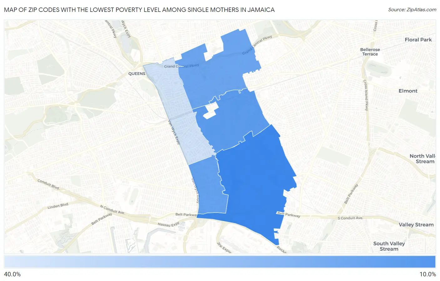Zip Codes with the Lowest Poverty Level Among Single Mothers in Jamaica Map