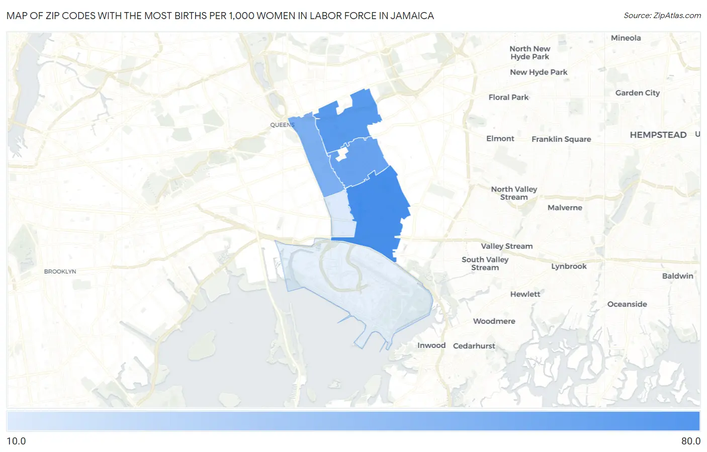 Zip Codes with the Most Births per 1,000 Women in Labor Force in Jamaica Map