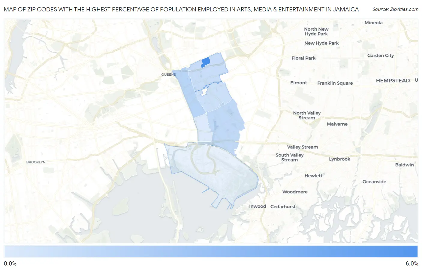 Zip Codes with the Highest Percentage of Population Employed in Arts, Media & Entertainment in Jamaica Map