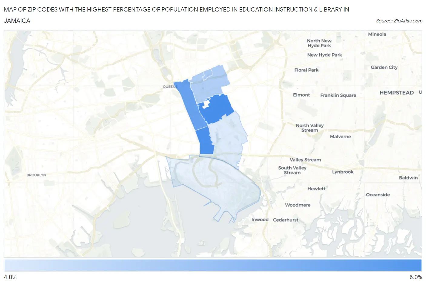 Zip Codes with the Highest Percentage of Population Employed in Education Instruction & Library in Jamaica Map