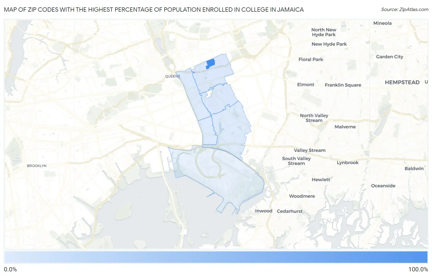 Zip Codes with the Highest Percentage of Population Enrolled in College in Jamaica Map