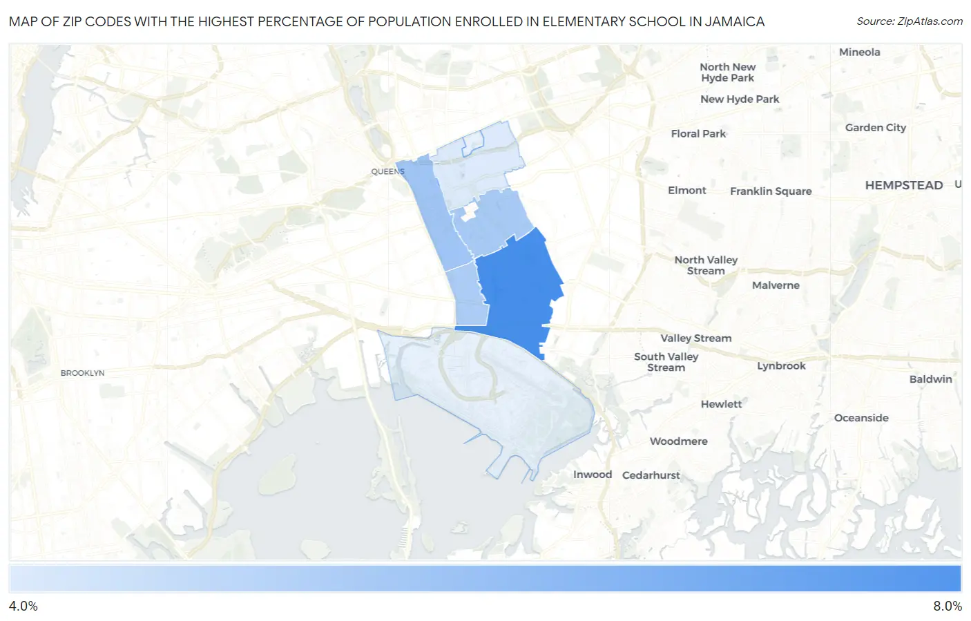 Zip Codes with the Highest Percentage of Population Enrolled in Elementary School in Jamaica Map