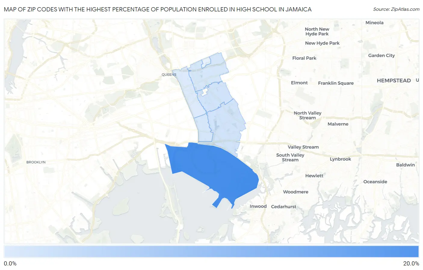 Zip Codes with the Highest Percentage of Population Enrolled in High School in Jamaica Map