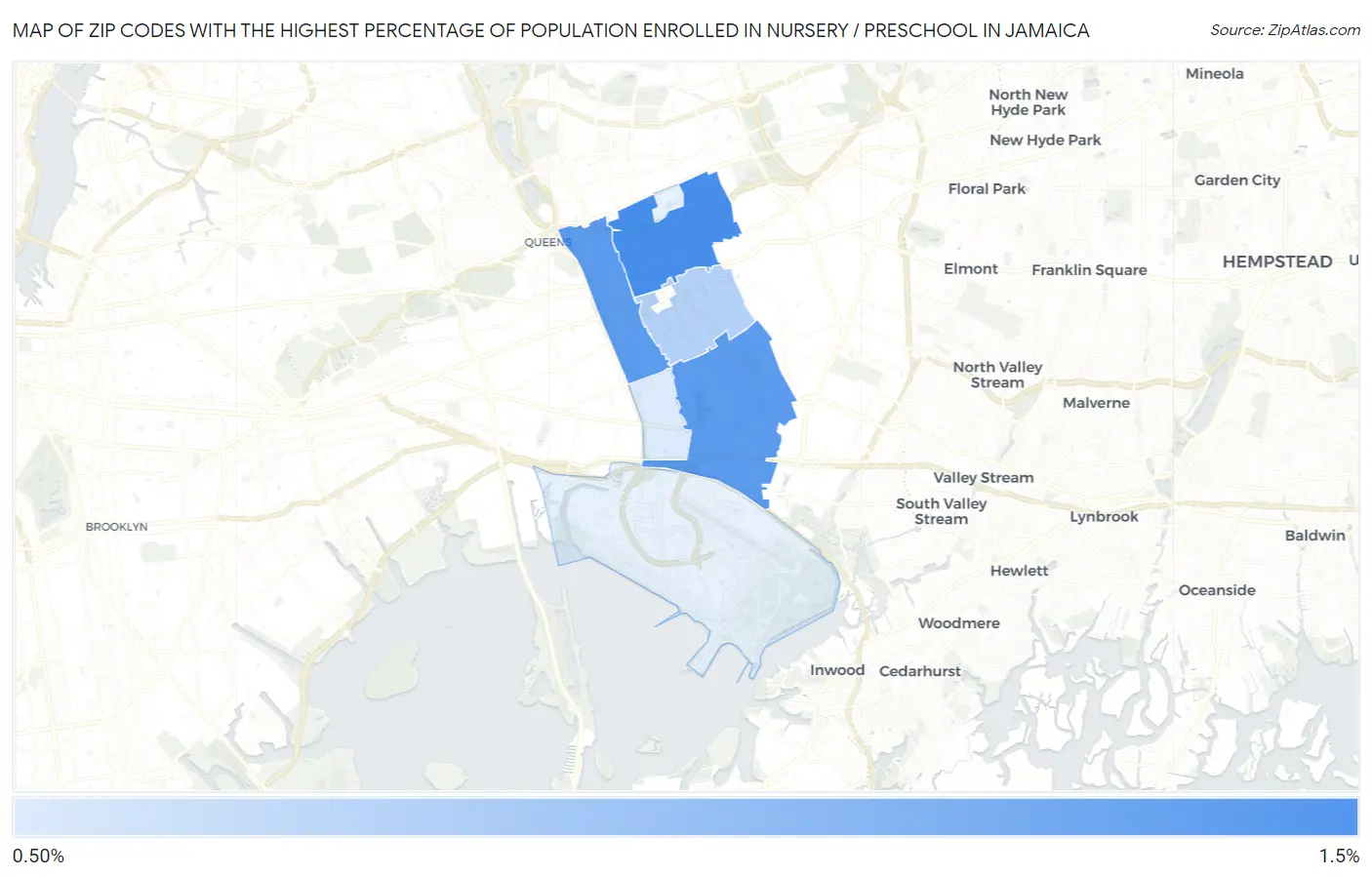 Zip Codes with the Highest Percentage of Population Enrolled in Nursery / Preschool in Jamaica Map