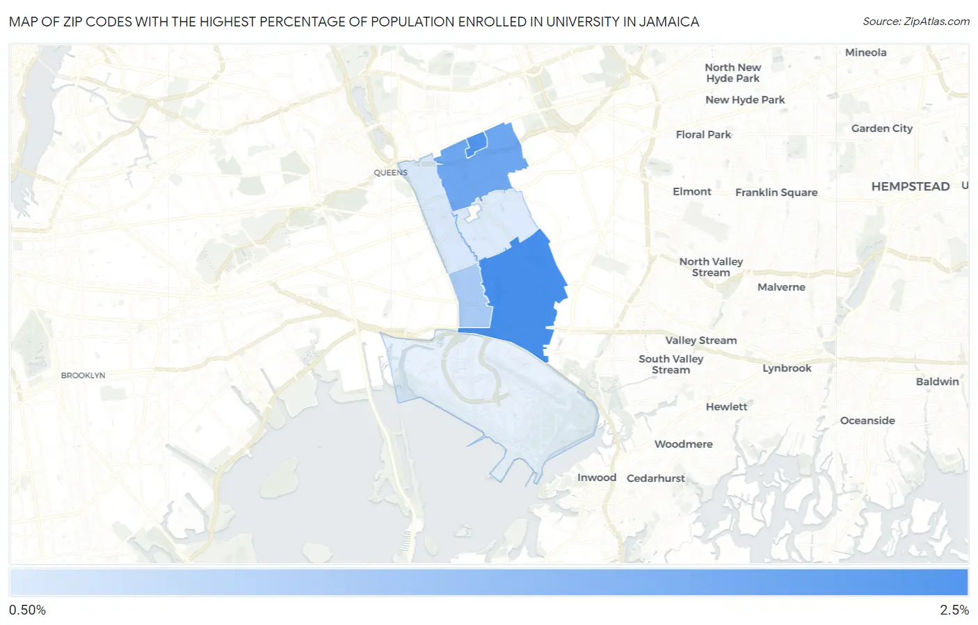 Zip Codes with the Highest Percentage of Population Enrolled in University in Jamaica Map