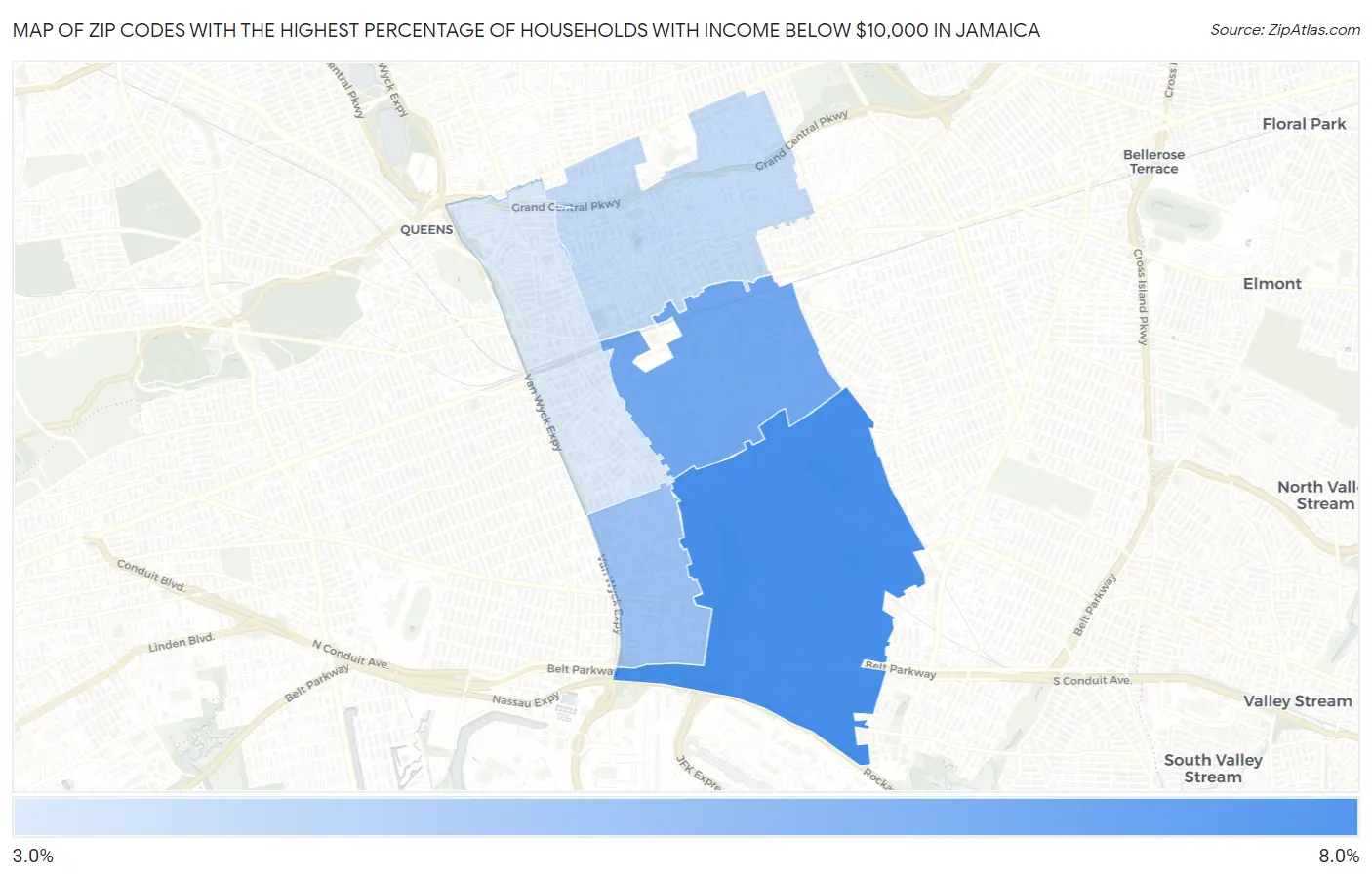 Zip Codes with the Highest Percentage of Households with Income Below $10,000 in Jamaica Map