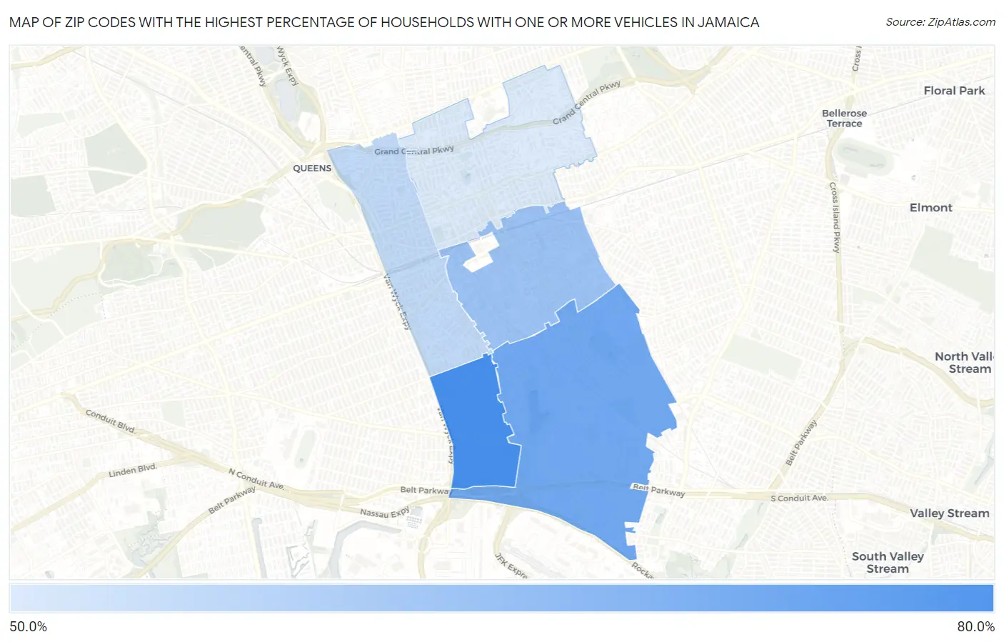 Zip Codes with the Highest Percentage of Households With One or more Vehicles in Jamaica Map