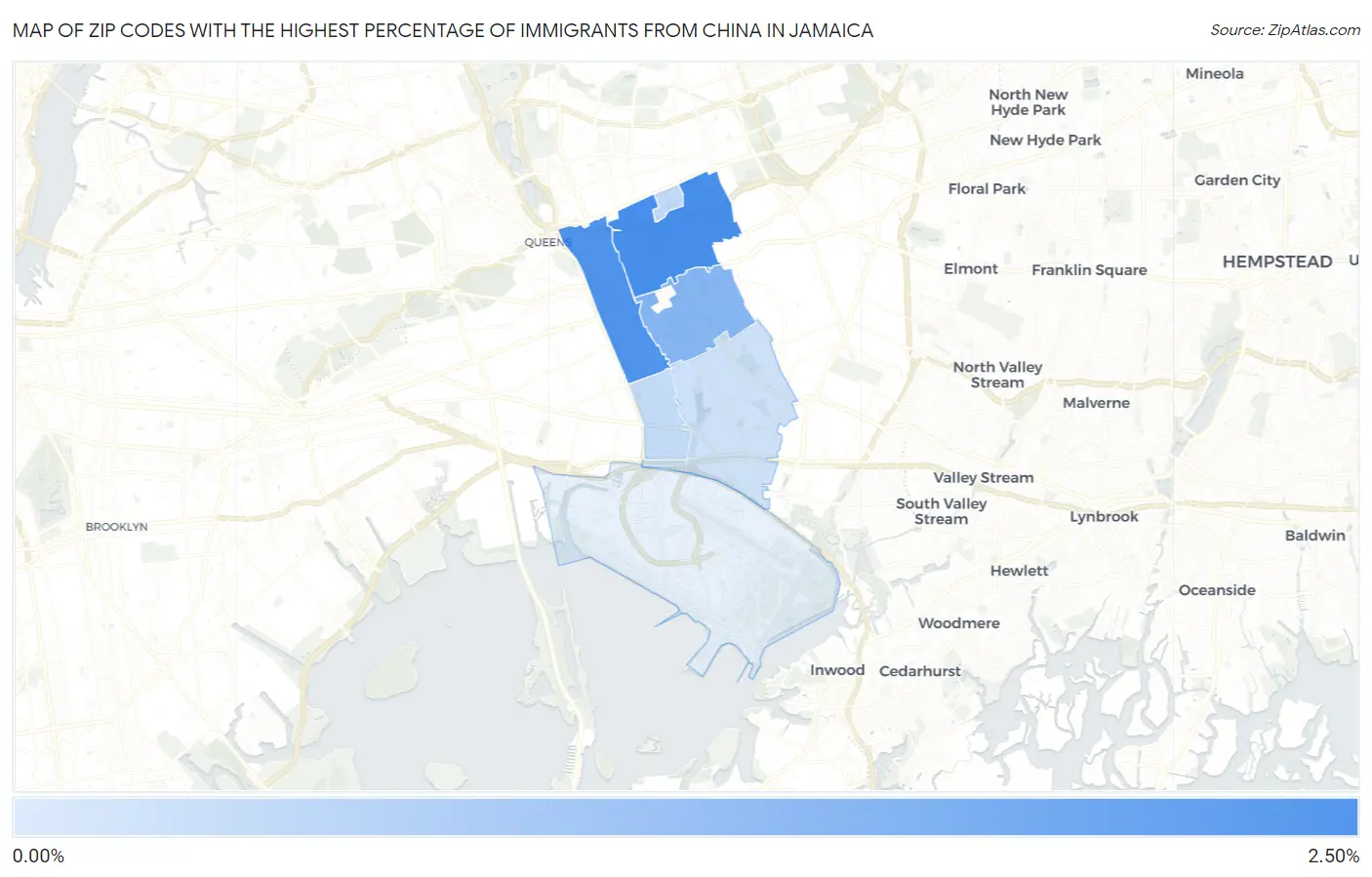 Zip Codes with the Highest Percentage of Immigrants from China in Jamaica Map