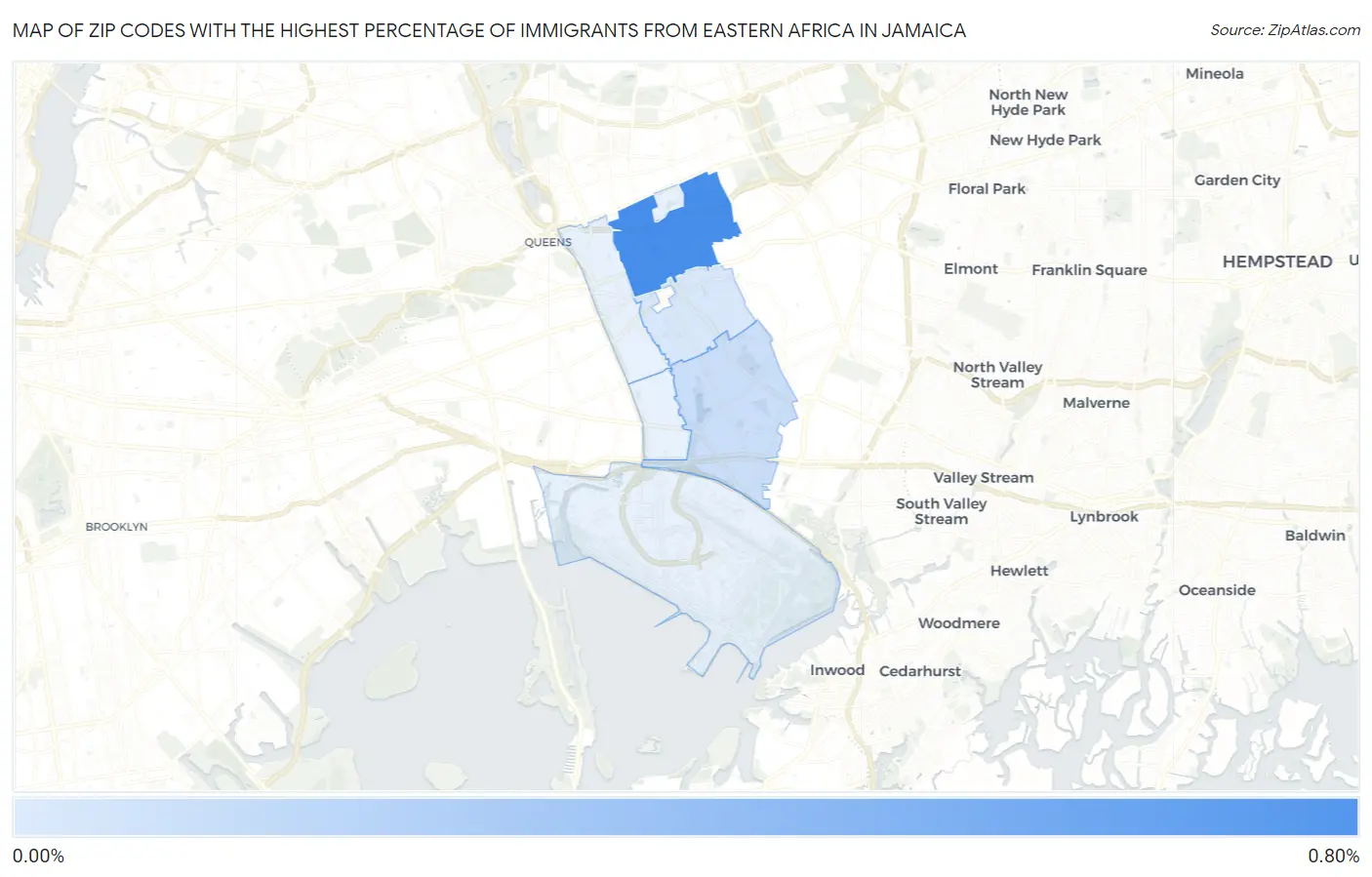 Zip Codes with the Highest Percentage of Immigrants from Eastern Africa in Jamaica Map