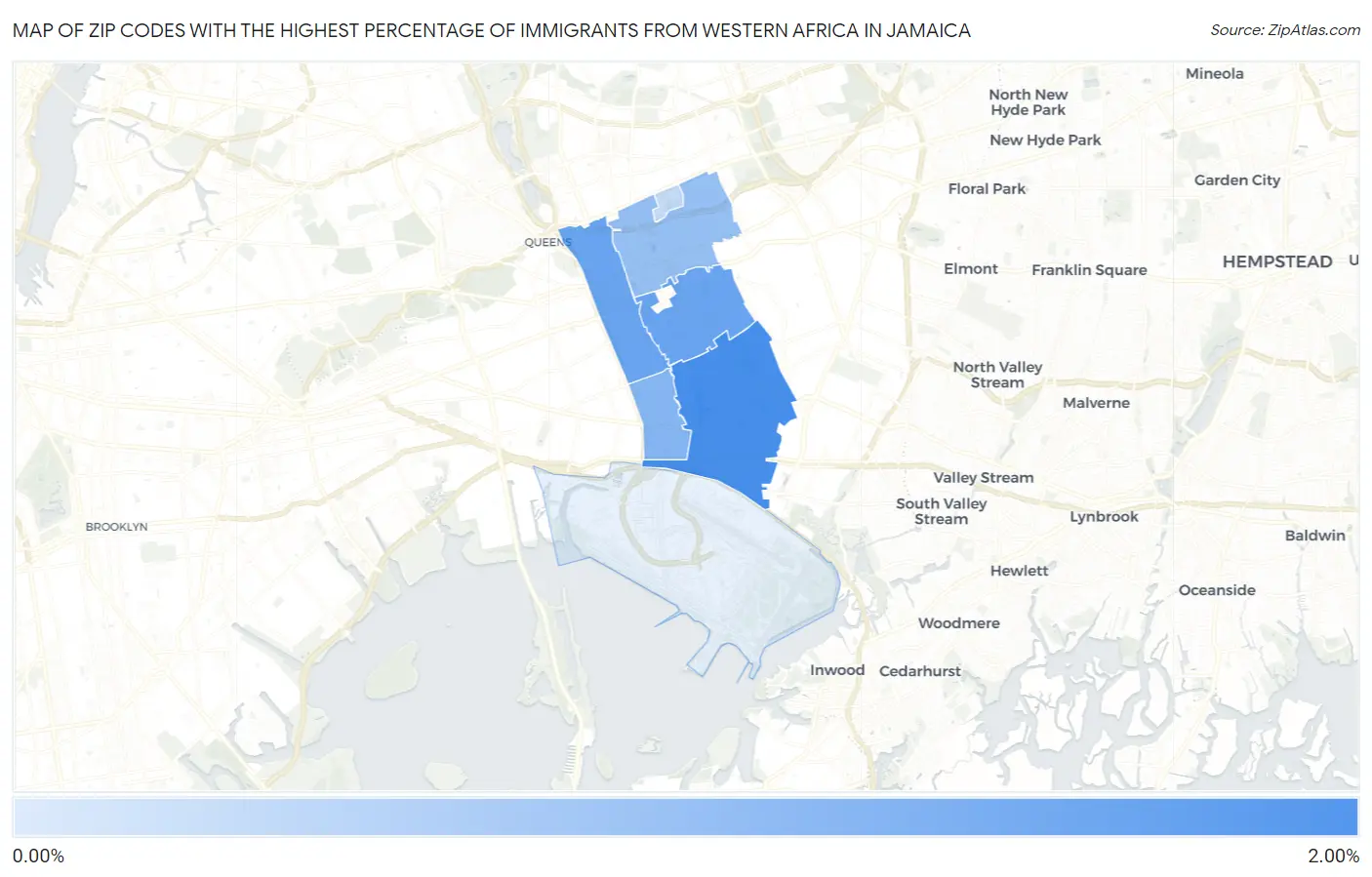 Zip Codes with the Highest Percentage of Immigrants from Western Africa in Jamaica Map