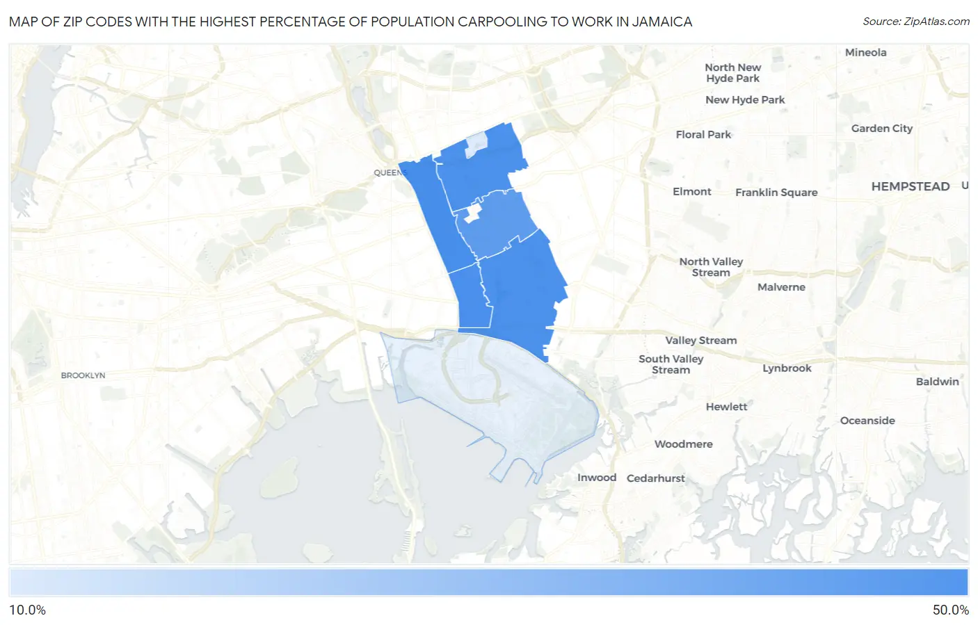Zip Codes with the Highest Percentage of Population Carpooling to Work in Jamaica Map