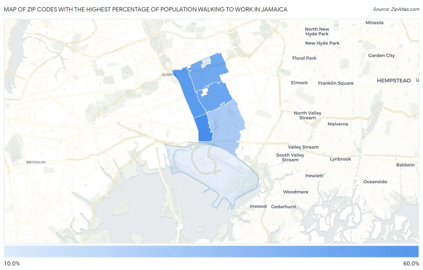 Zip Codes with the Highest Percentage of Population Walking to Work in Jamaica Map