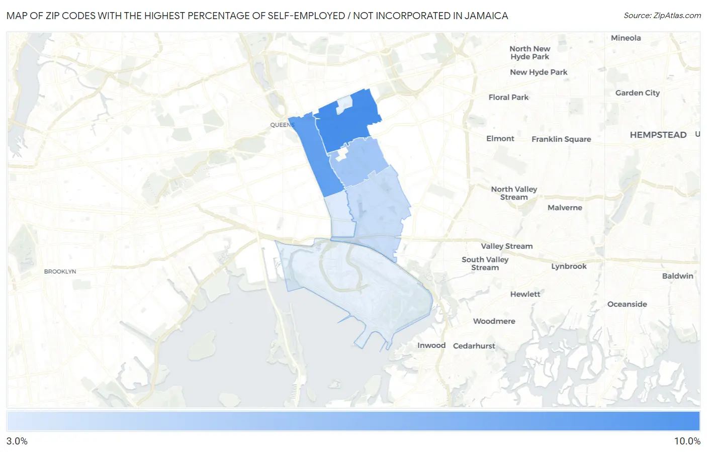 Zip Codes with the Highest Percentage of Self-Employed / Not Incorporated in Jamaica Map