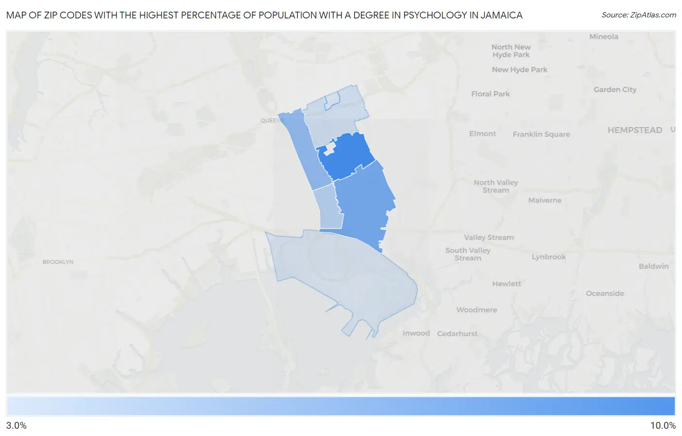 Zip Codes with the Highest Percentage of Population with a Degree in Psychology in Jamaica Map