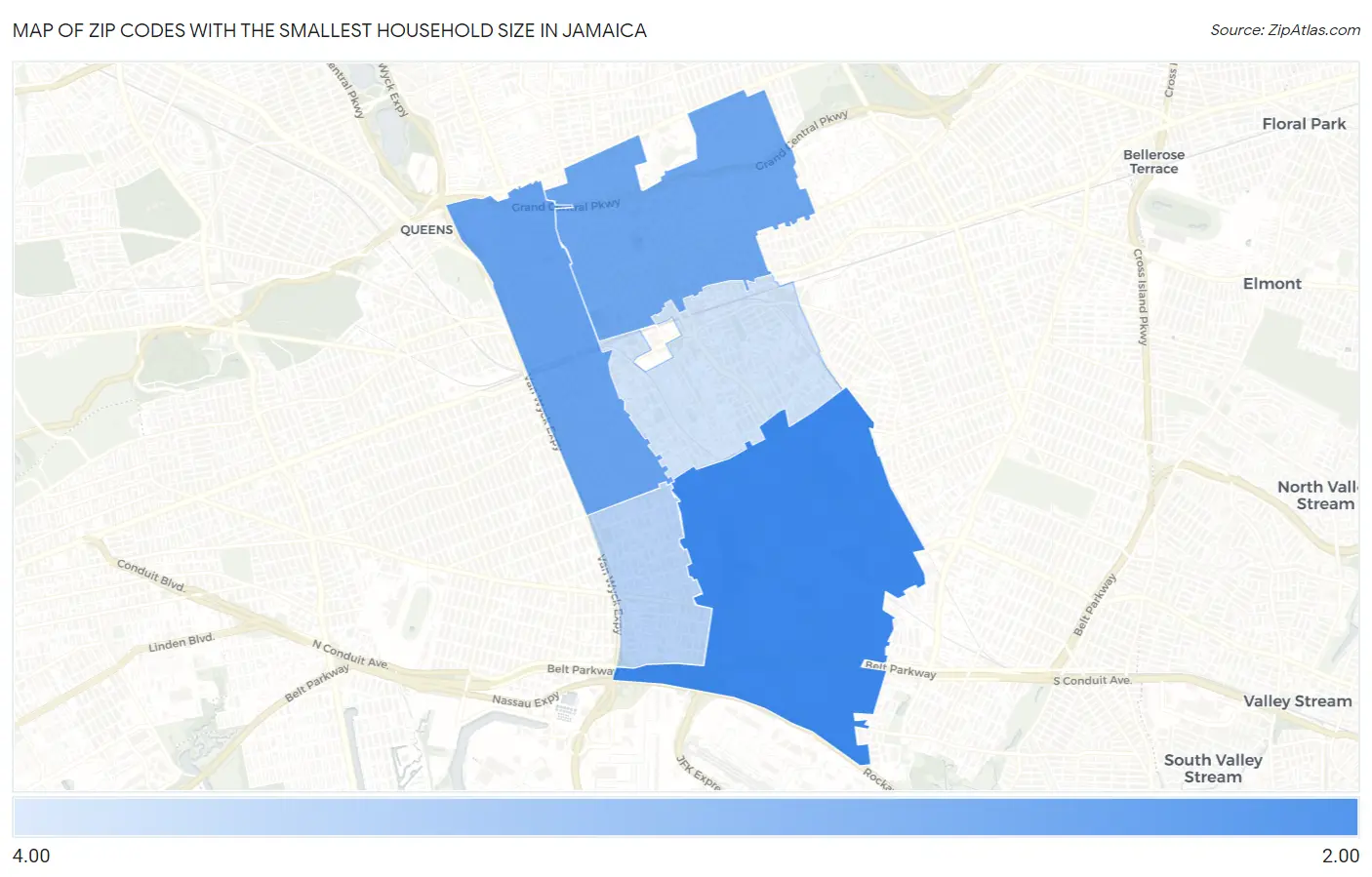 Zip Codes with the Smallest Household Size in Jamaica Map