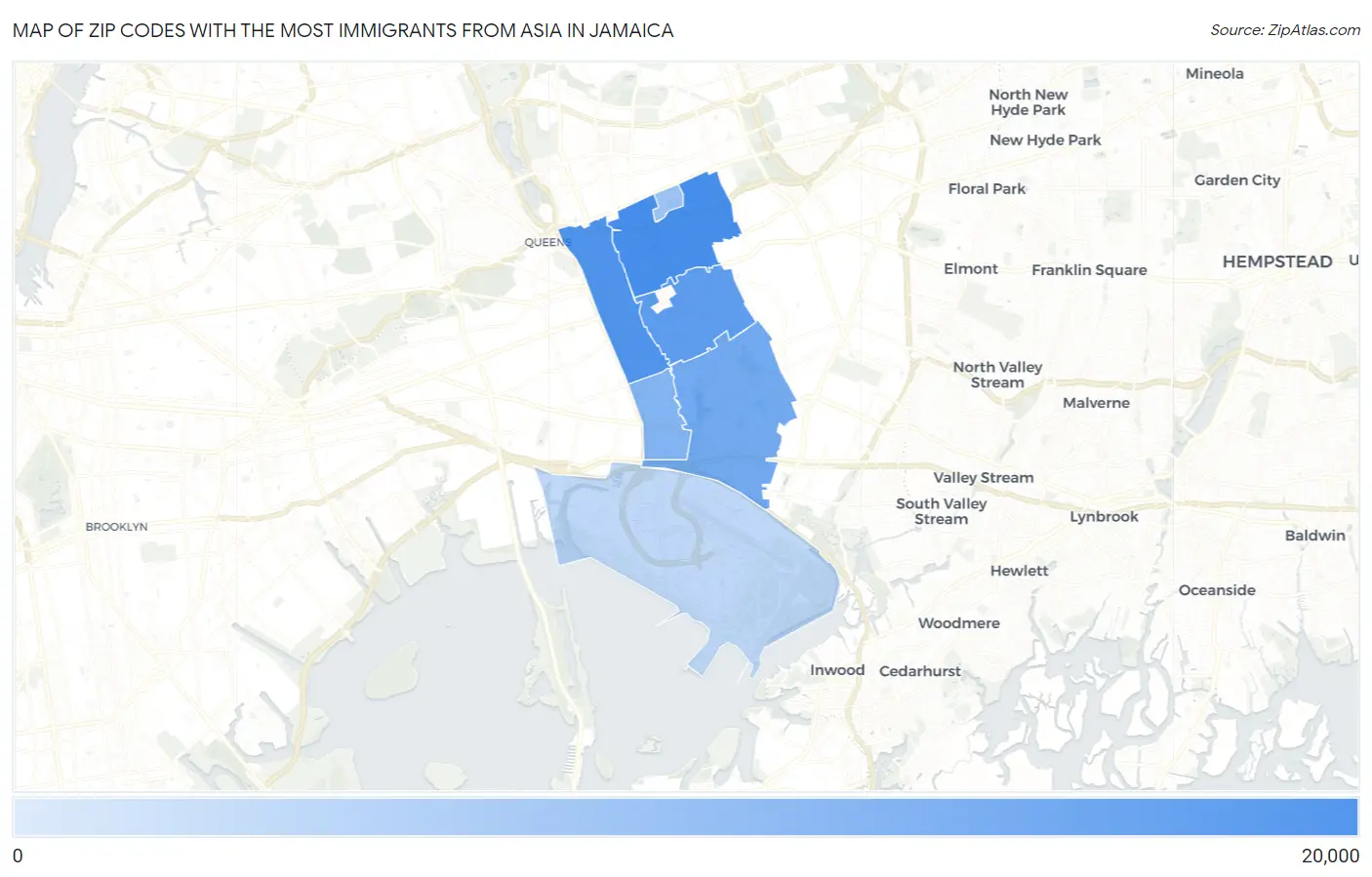 Zip Codes with the Most Immigrants from Asia in Jamaica Map