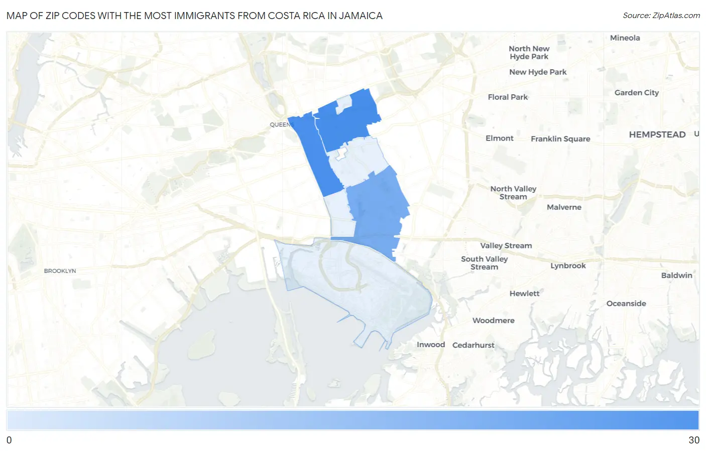 Zip Codes with the Most Immigrants from Costa Rica in Jamaica Map
