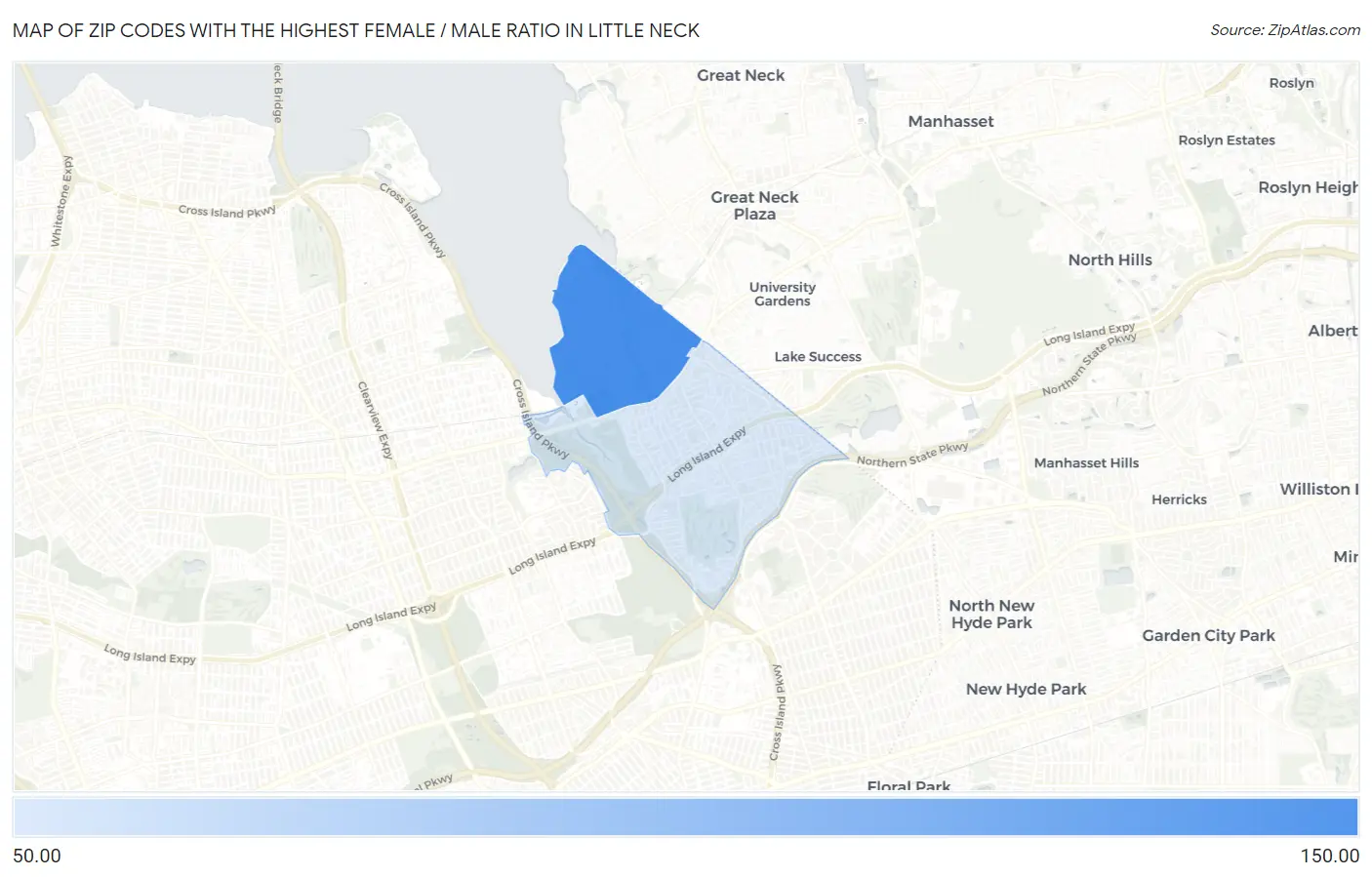 Zip Codes with the Highest Female / Male Ratio in Little Neck Map