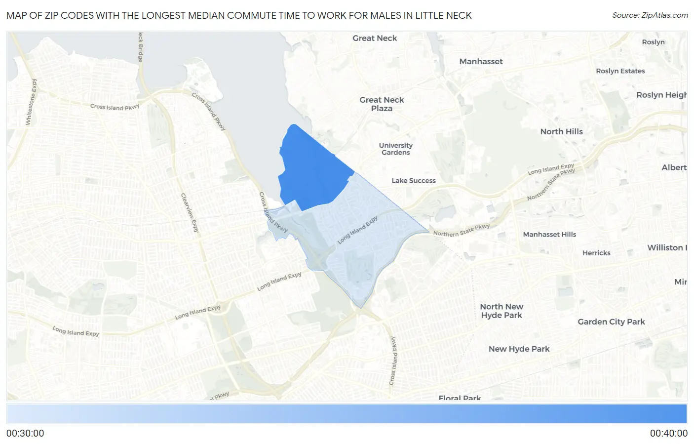 Zip Codes with the Longest Median Commute Time to Work for Males in Little Neck Map
