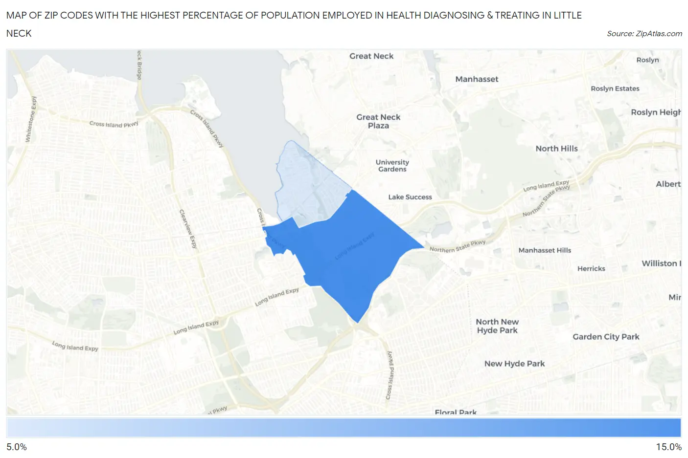 Zip Codes with the Highest Percentage of Population Employed in Health Diagnosing & Treating in Little Neck Map