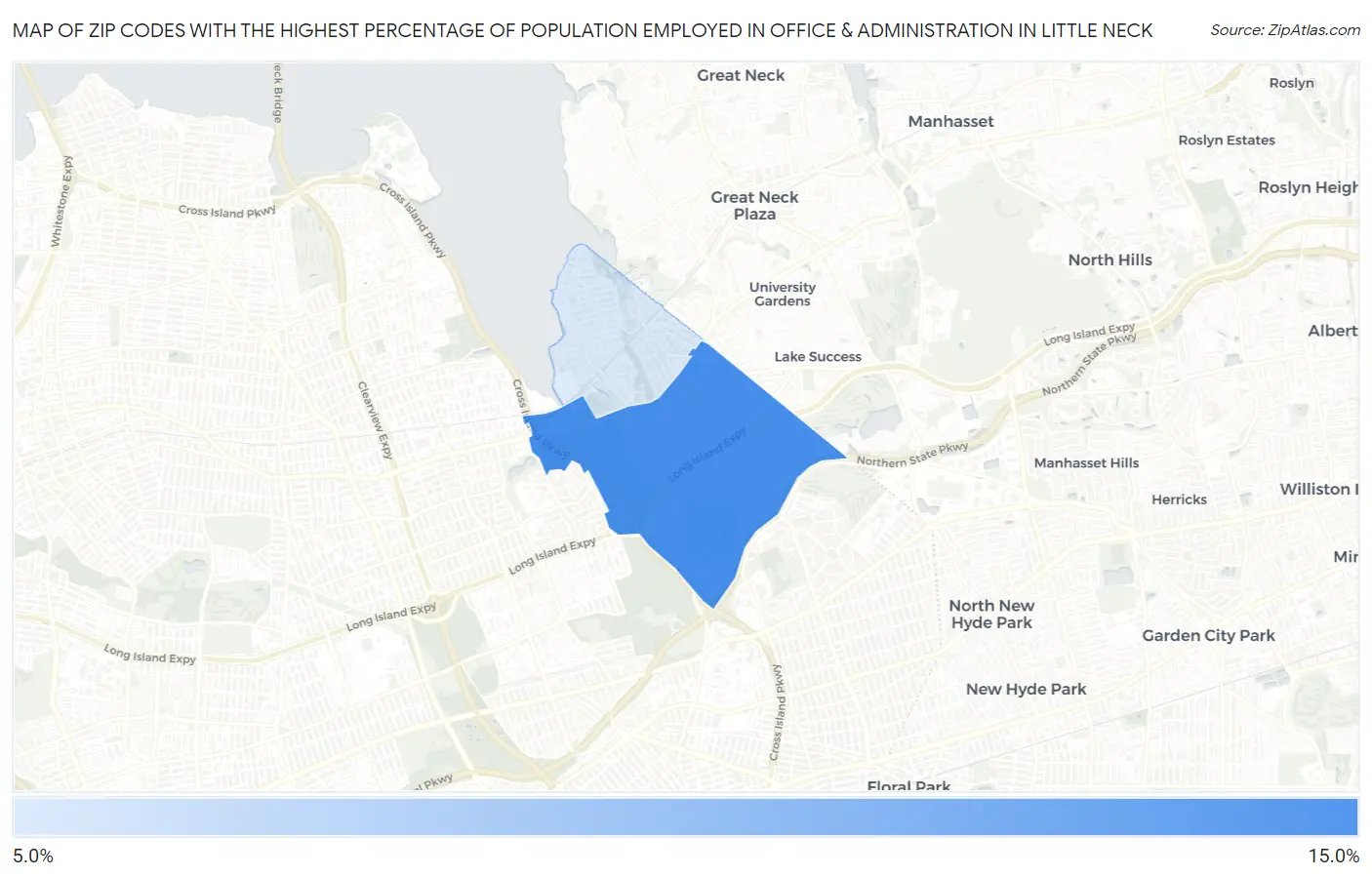 Zip Codes with the Highest Percentage of Population Employed in Office & Administration in Little Neck Map