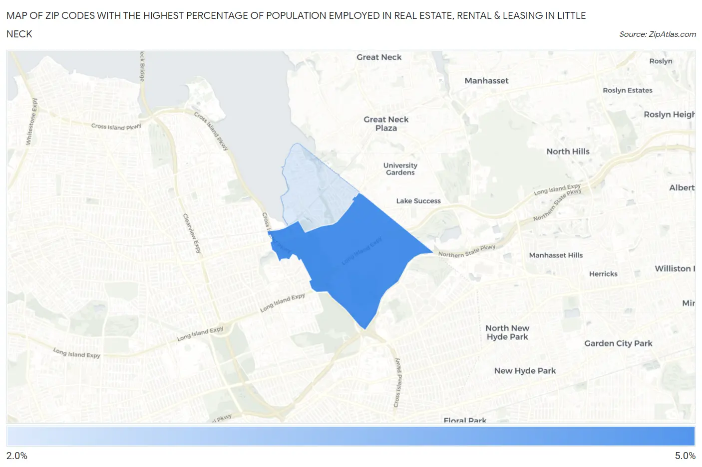 Zip Codes with the Highest Percentage of Population Employed in Real Estate, Rental & Leasing in Little Neck Map