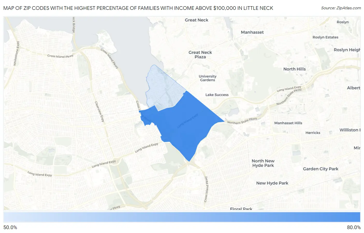 Zip Codes with the Highest Percentage of Families with Income Above $100,000 in Little Neck Map