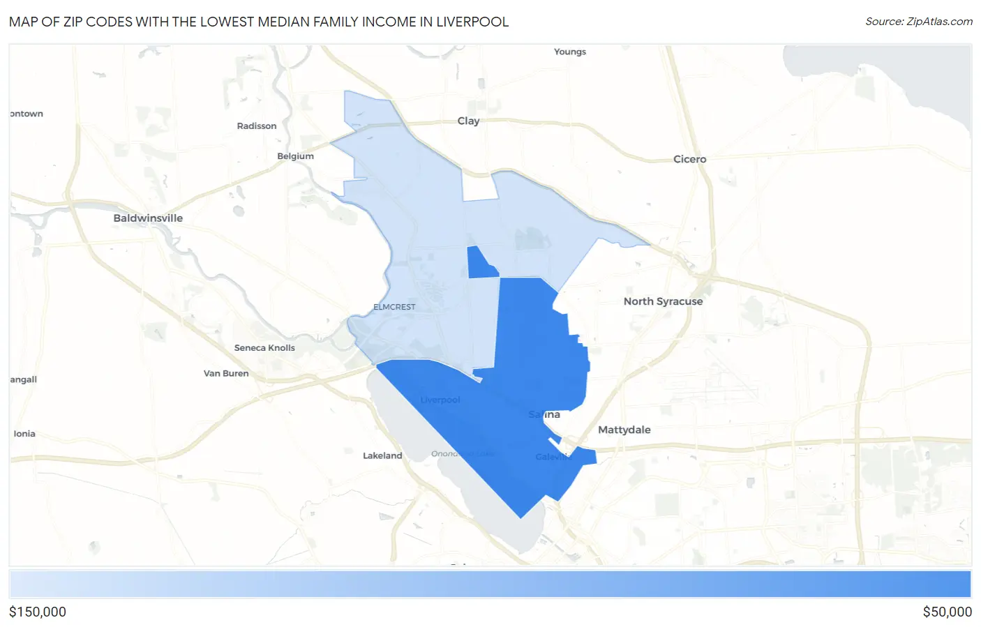 Zip Codes with the Lowest Median Family Income in Liverpool Map