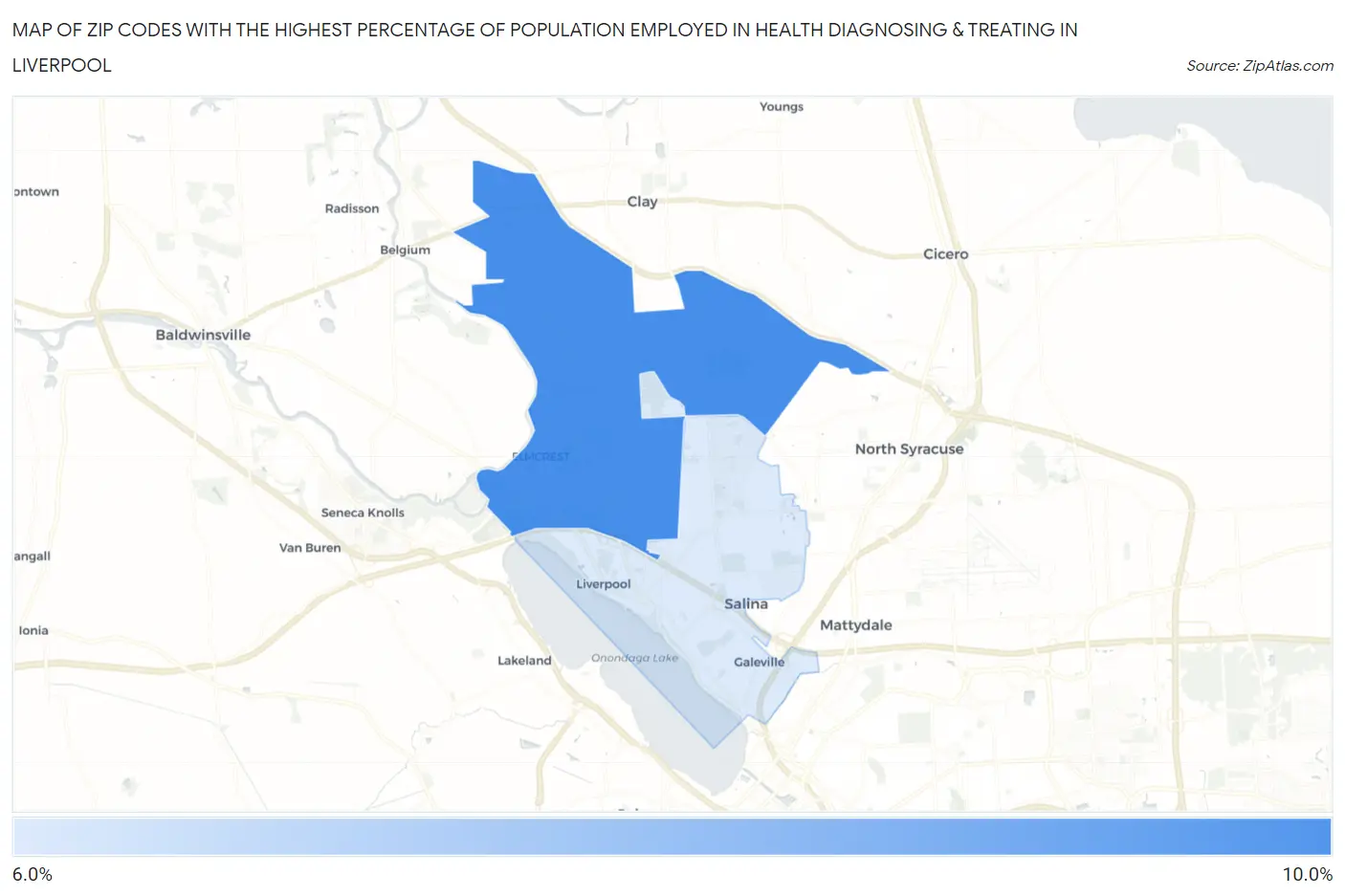 Zip Codes with the Highest Percentage of Population Employed in Health Diagnosing & Treating in Liverpool Map