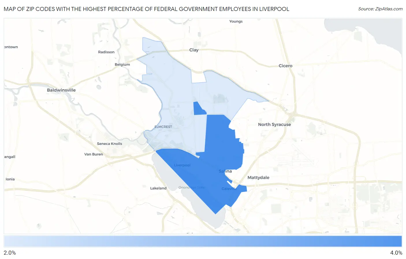 Zip Codes with the Highest Percentage of Federal Government Employees in Liverpool Map