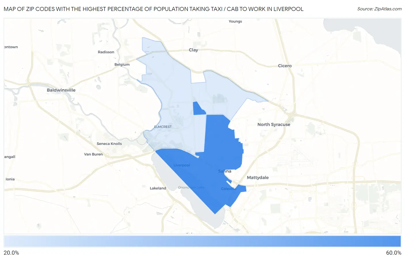 Zip Codes with the Highest Percentage of Population Taking Taxi / Cab to Work in Liverpool Map