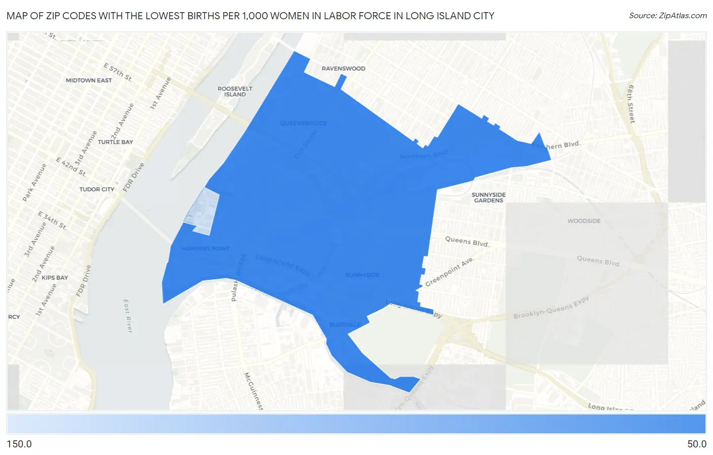 Zip Codes with the Lowest Births per 1,000 Women in Labor Force in Long Island City Map