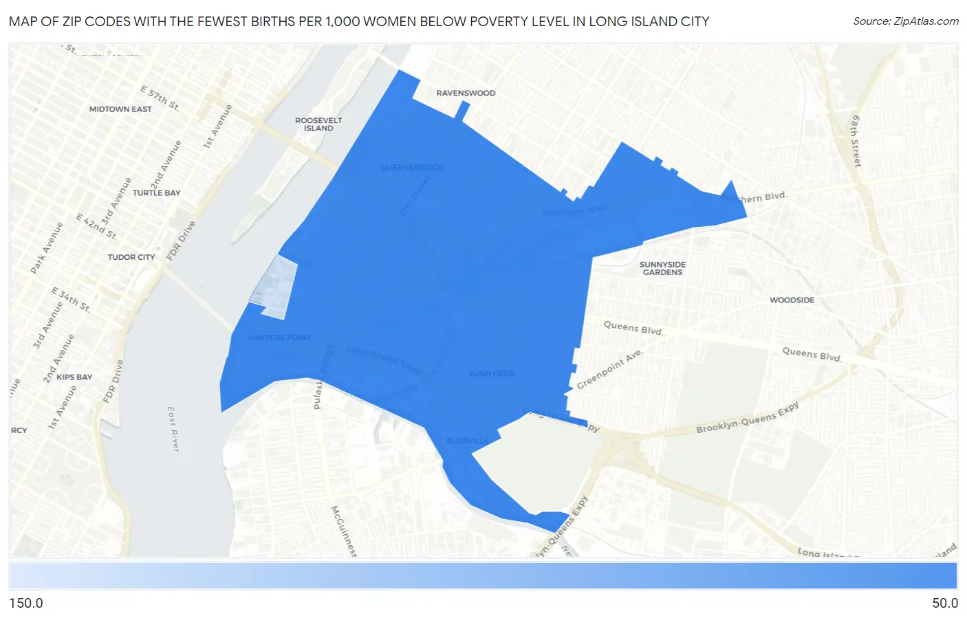Zip Codes with the Fewest Births per 1,000 Women Below Poverty Level in Long Island City Map