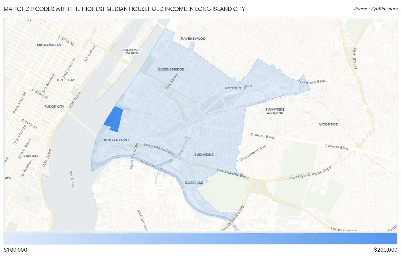 Zip Codes with the Highest Median Household Income in Long Island City Map