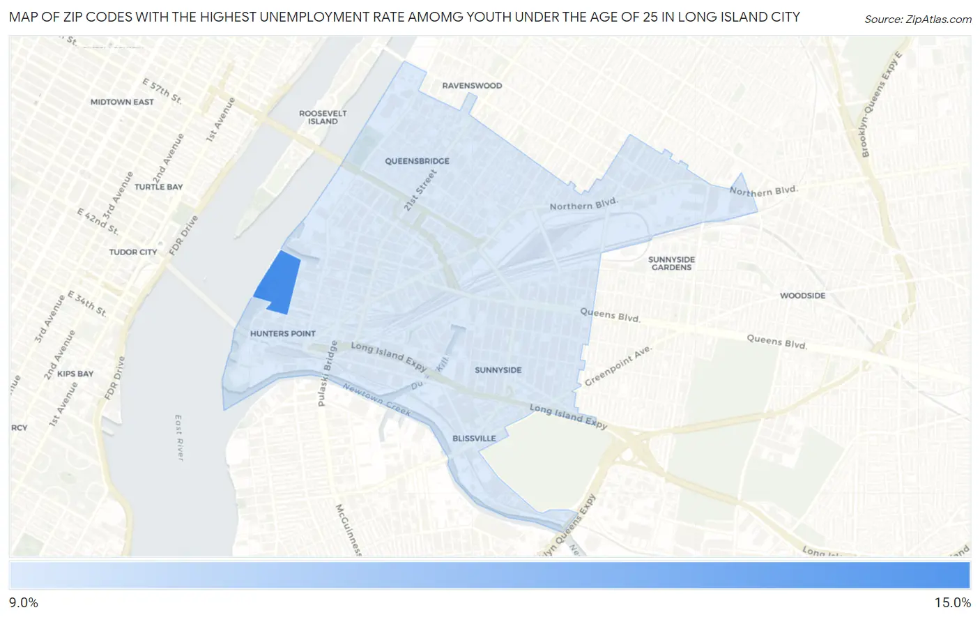 Zip Codes with the Highest Unemployment Rate Amomg Youth Under the Age of 25 in Long Island City Map