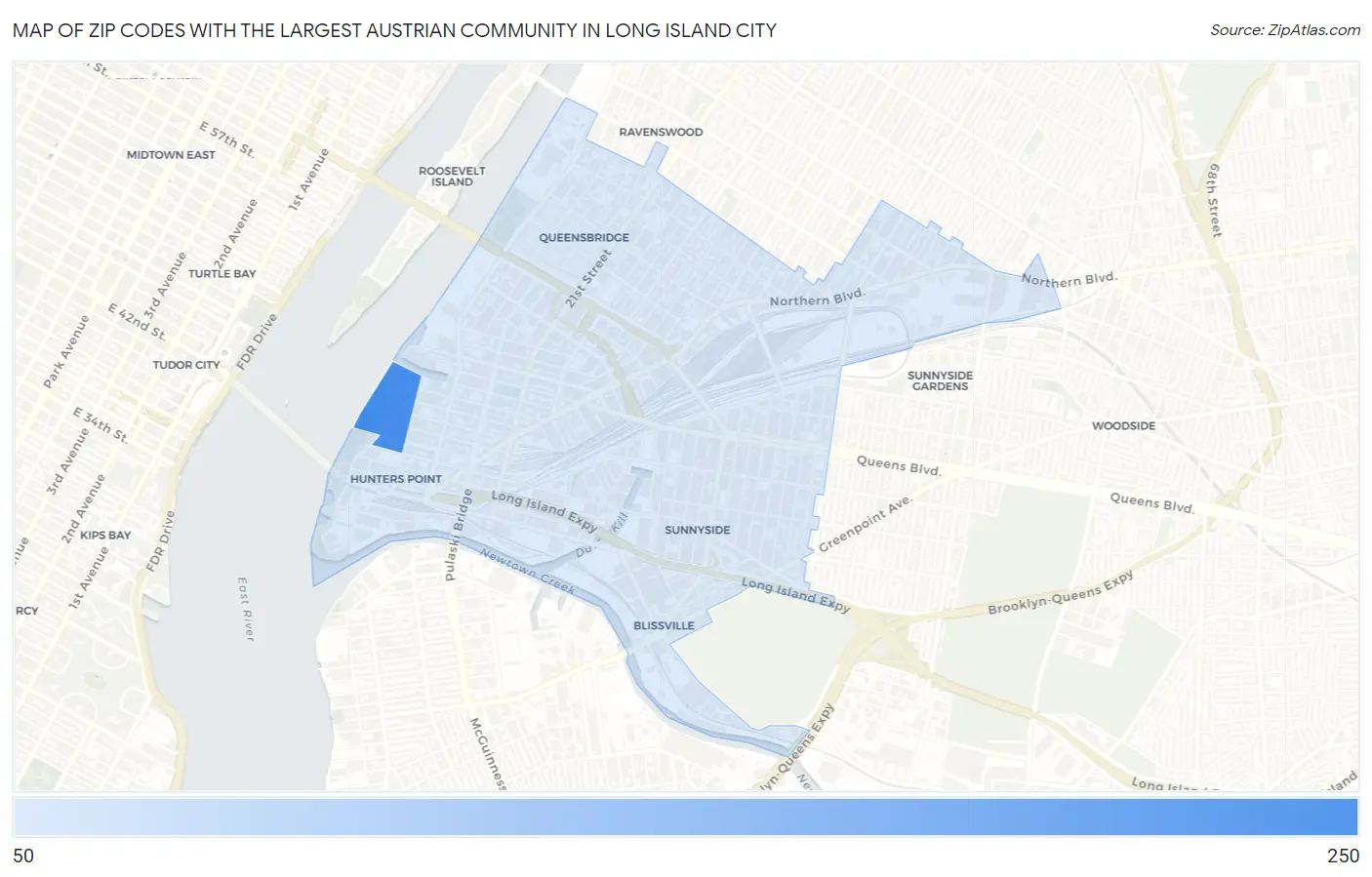 Zip Codes with the Largest Austrian Community in Long Island City Map