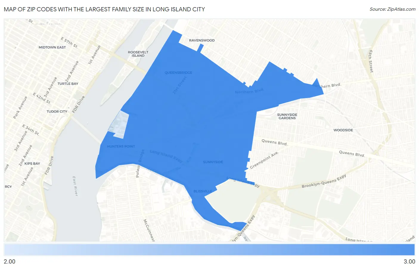 Zip Codes with the Largest Family Size in Long Island City Map
